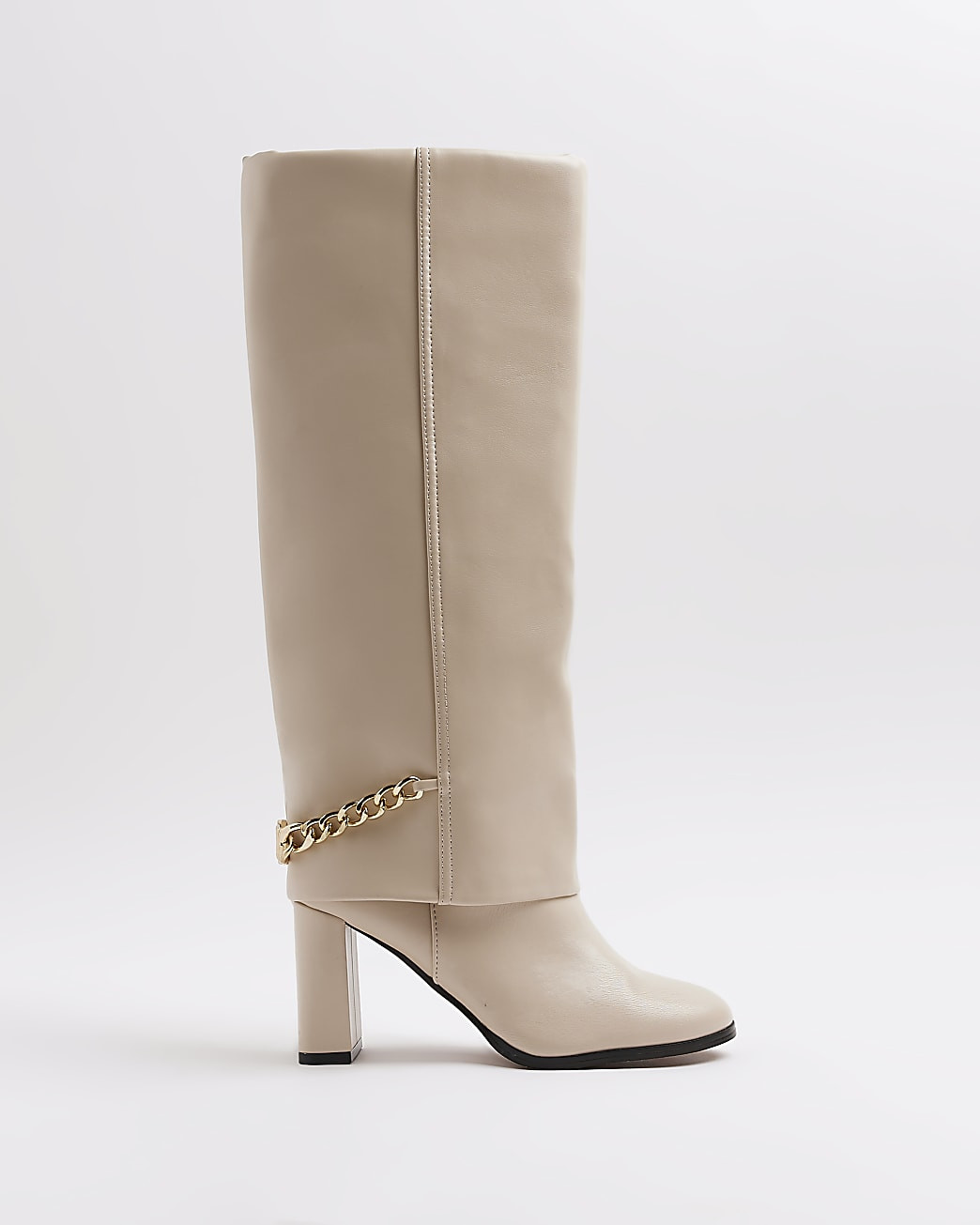 Cream heeled knee high fold over boots | River Island (UK & IE)