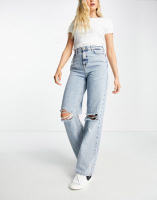New Look ripped wide leg dad jean in mid blue | ASOS (Global)
