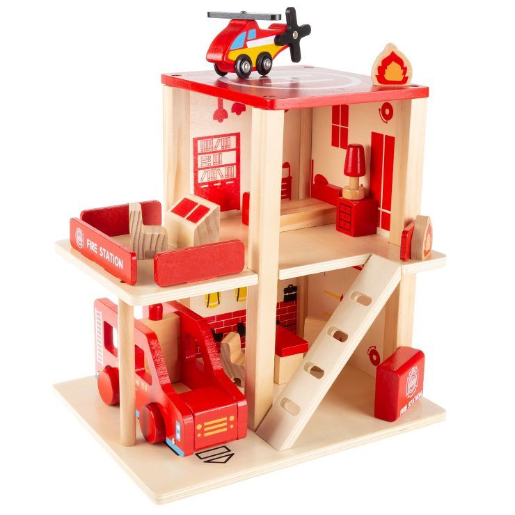 Toy Time Kids' Wooden Fire Station Playset With 3-Tier Firehouse, Fire Truck, Helicopter, and 16 ... | Target