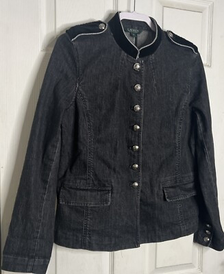 Vintage Lauren Ralph Lauren Sz12 Denim Blazer Jacket Velvet Collar Black Washed | eBay US