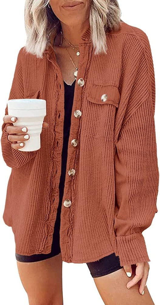Yanekop Womens Waffle Knit Shacket Boyfriend Shirt Jacket Button Down Blouse Loose Fit Long Sleev... | Amazon (US)