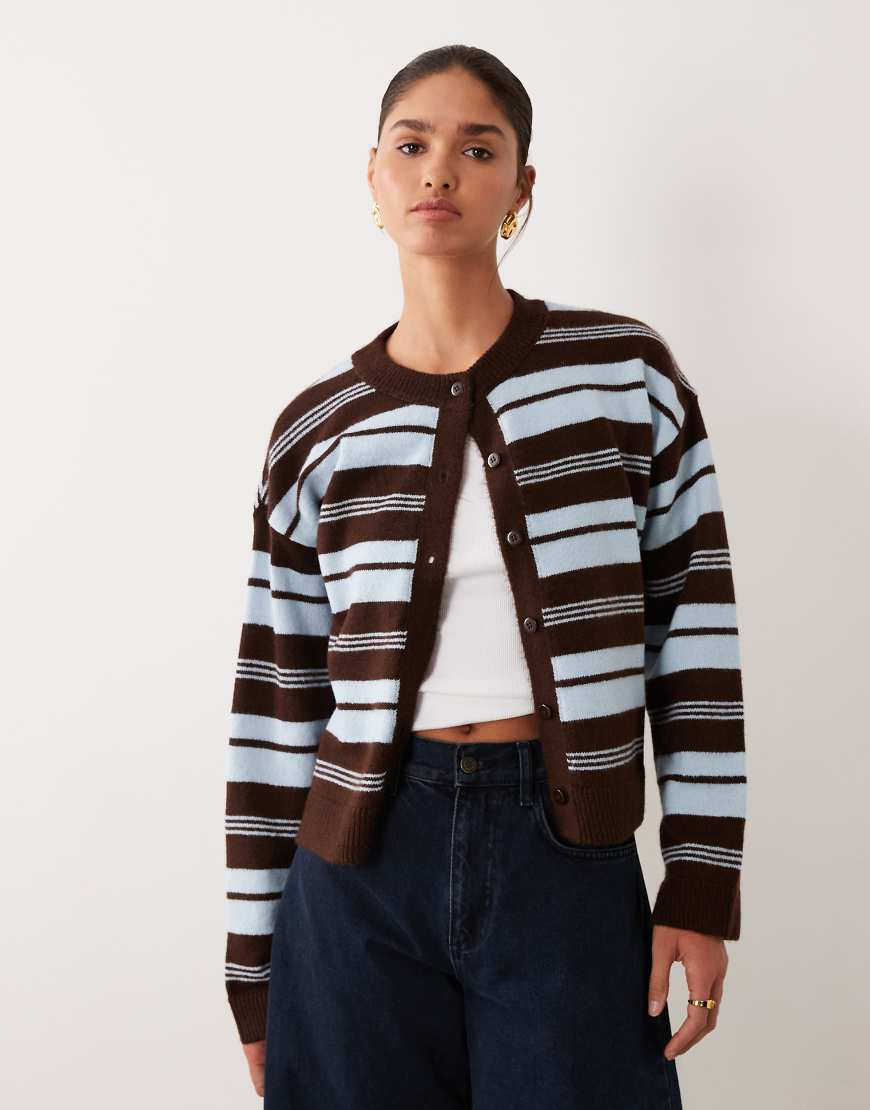 ASOS DESIGN fluffy knit cardigan in brown and blue stripe-Multi | ASOS (Global)