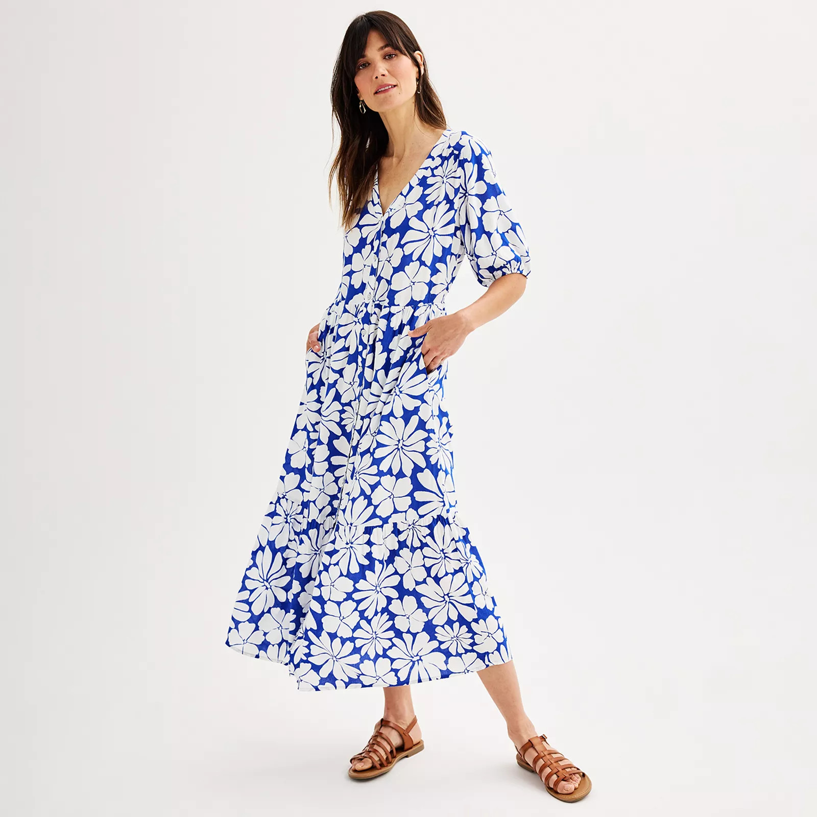 Women's Sonoma Goods For Life® Button Thru Femme Midi Dress, Size: XL, Deep Blue Blooms | Kohl's