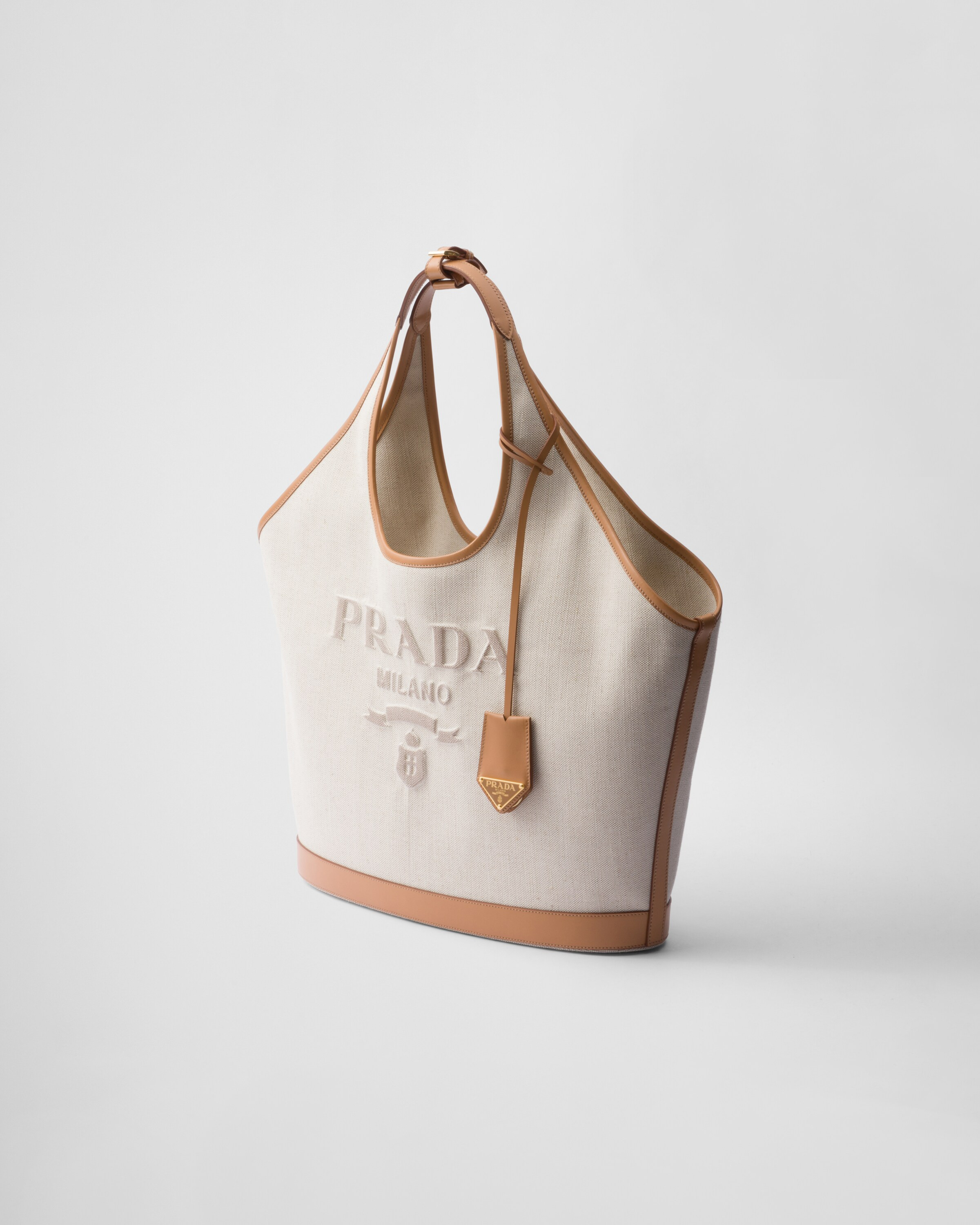 Large linen blend and leather tote bag | Prada US
