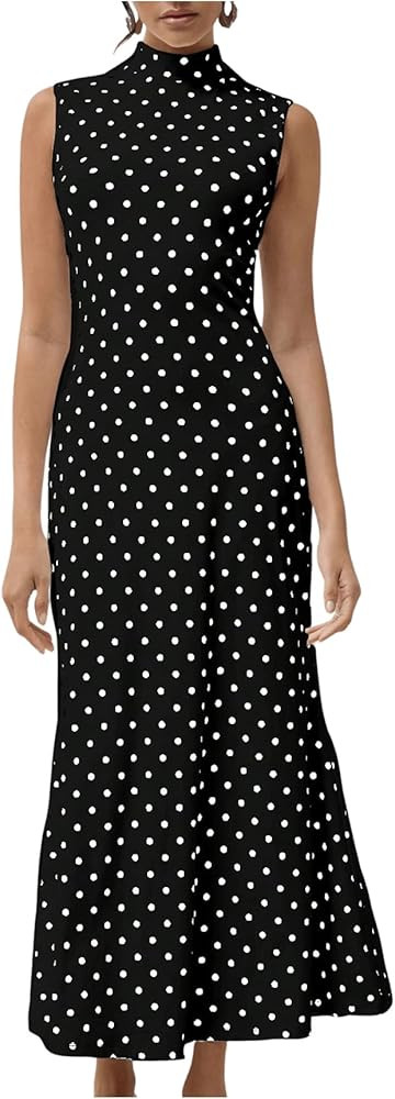 Milumia Women's Polka Dots Maxi Tank Dress Vintage Mock Neck Sleeveless Elegant Long Dresses | Amazon (US)