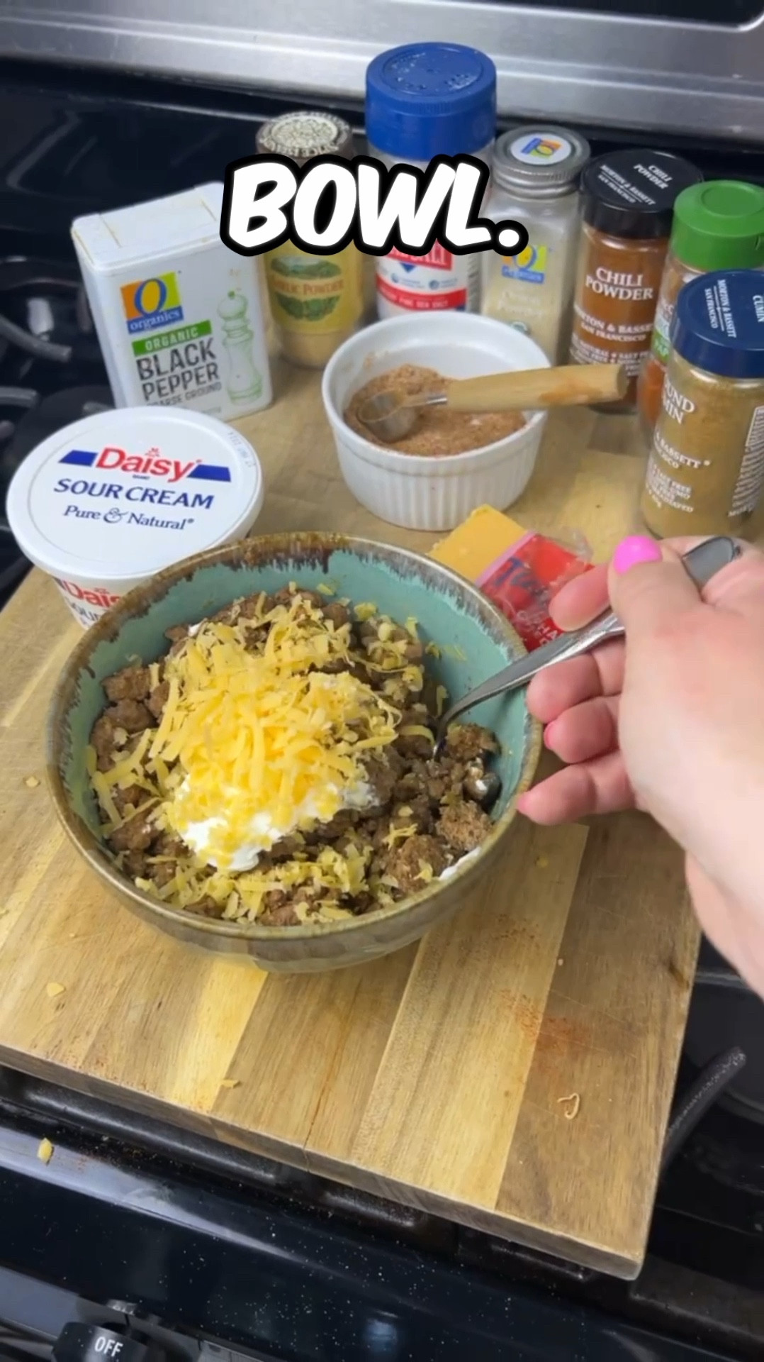 Let’s make a carnivore taco bowl! First, brown a pound of 80/20 ground beef. Next, let’s make our own taco seasoning. I like to do this because then I can control the quality of the seasonings I’m adding. 1 tbsp cumin, 1 tbsp smoked paprika, 1/2 tbsp garlic powder, 1 tbsp onion powder, 1 tsp salt, 1 tsp pepper, 1 tbsp chili powder. Mix the seasonings together. After the beef is fully cooked, add the seasoning to taste. I probably added five or 6 teaspoons. Then add in a bit of water and mix thoroughly. The taco meat is finished, so put that into a bowl. Then, add your toppings! I follow a carnivore diet, so I added about 3 tablespoons of sour cream and some grated cheddar. If you are eating plants, you could add cilantro, onion, jalapeño, really anything you want to add. Finally, enjoy!

#LTKhome #LTKVideo #LTKover40