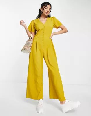 ASOS DESIGN short sleeve tea culotte jumpsuit in mustard | ASOS (Global)