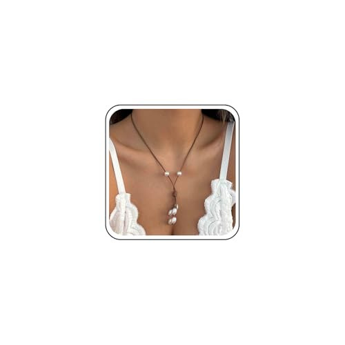 Amazon.com: Aneneiceera Vintage Brown Leather Pearl Choker Necklace Leather Y Lariat Necklaces Pe... | Amazon (US)