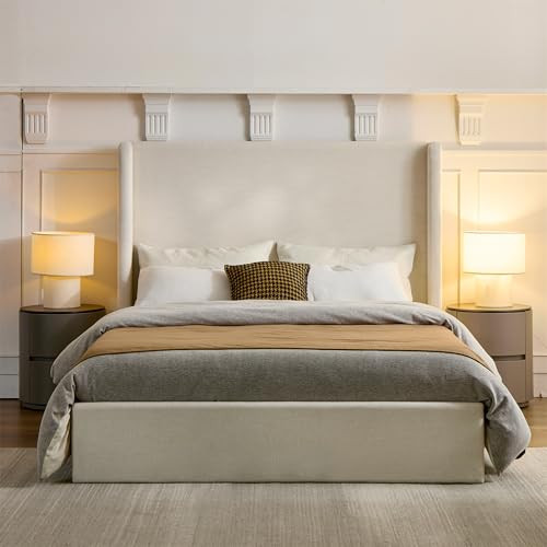 LOONGYOON California King 52" Tall Headboard Carmen Wingback Upholstered Platform Bed Frame Premium Canvas Chenille Elegant Simplicity for Bedroom No Box Spring Needed Easy Assembly Textured Ivory | Amazon (US)