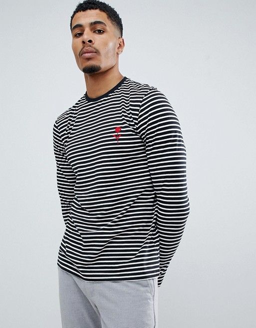 New Look long sleeve t-shirt in black stripe with rose embroidery | ASOS UK