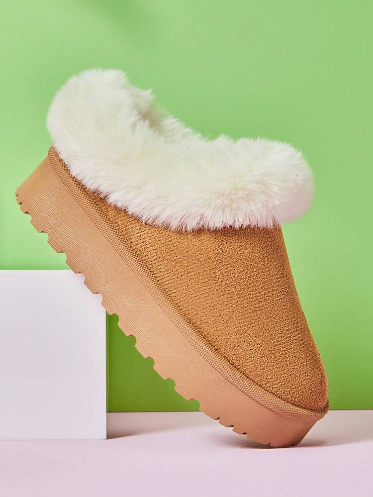 Mini Mi #CozySteps Kids' Fabric Suede Tan Platform Clogs With Plush Fur Collar – Warm & Snug Style For Everyday Adventures | SHEIN