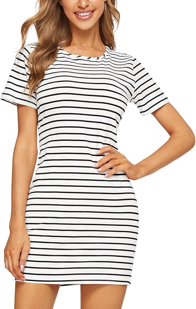 Floerns Women's Casual Short Sleeve Striped Bodycon T Shirt Short Mini Dress | Amazon (US)