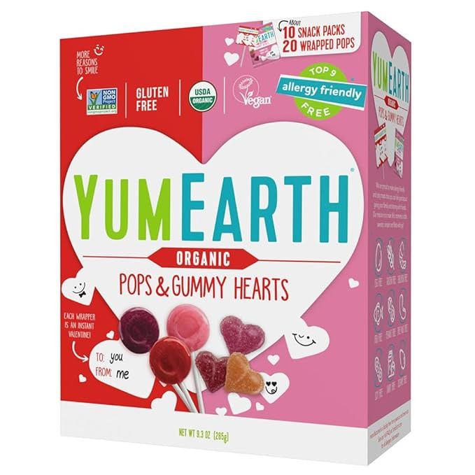 YumEarth Organic Valentines Candy Gummy Fruit Hearts and Lollipops Variety - 30 Count Box - Aller... | Amazon (US)