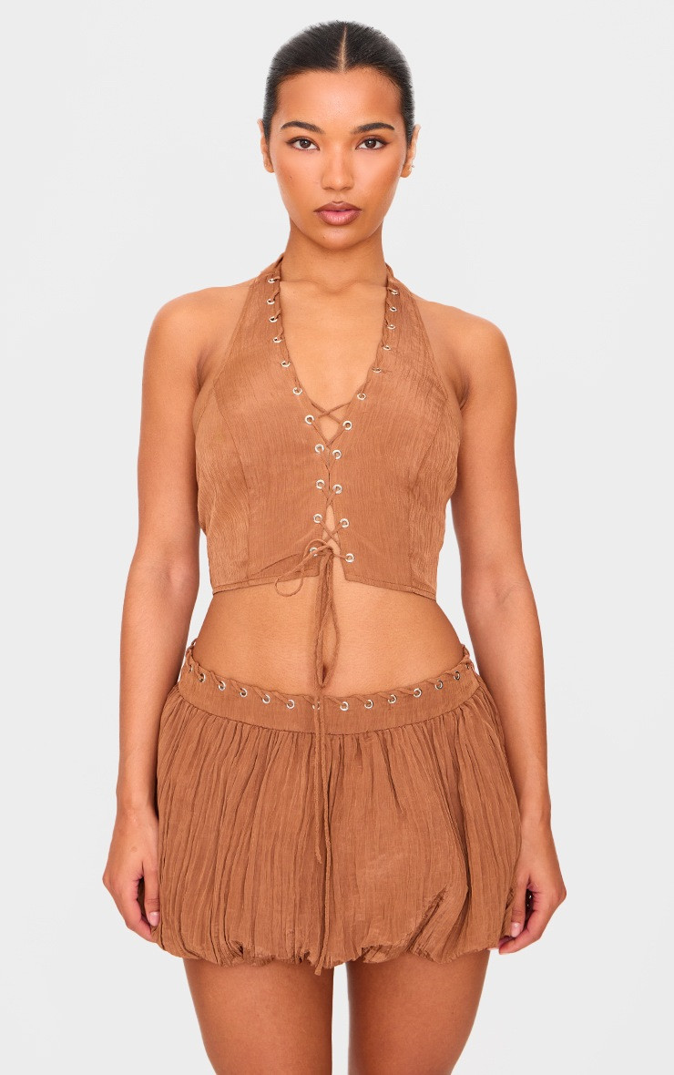 Tan Crinkle Eyelet Detail Halterneck Top | PrettyLittleThing US