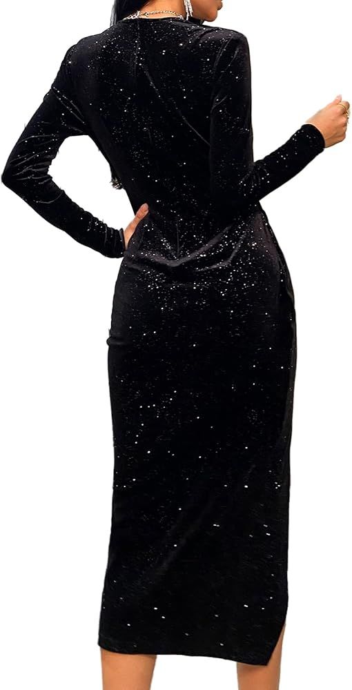 LYANER Women's Velvet Deep V Neck Wrap Split Hem Long Sleeve Midi Dress | Amazon (US)