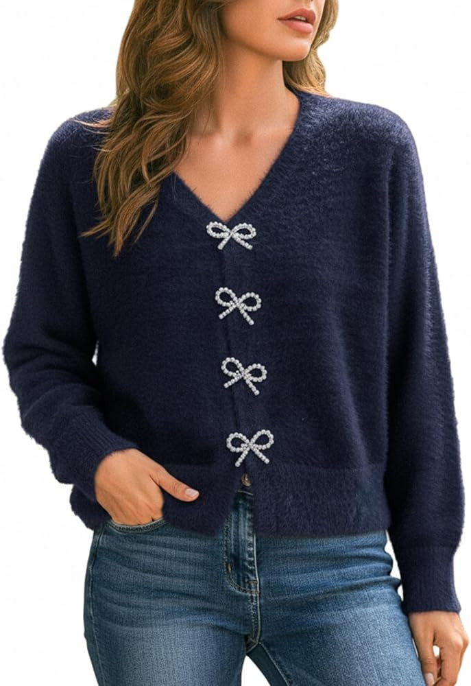 CUPSHE Women's Long Sleeve Knit Cardigan Bow Buttons Lightweight Open Front Sweater Fall Winter C... | Amazon (US)
