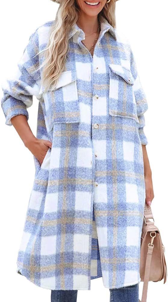 AUTOMET Womens Long Shacket Jacket Flannel Shirts Plaid Long Sleeve Button Down Chest Pocketed Co... | Amazon (US)