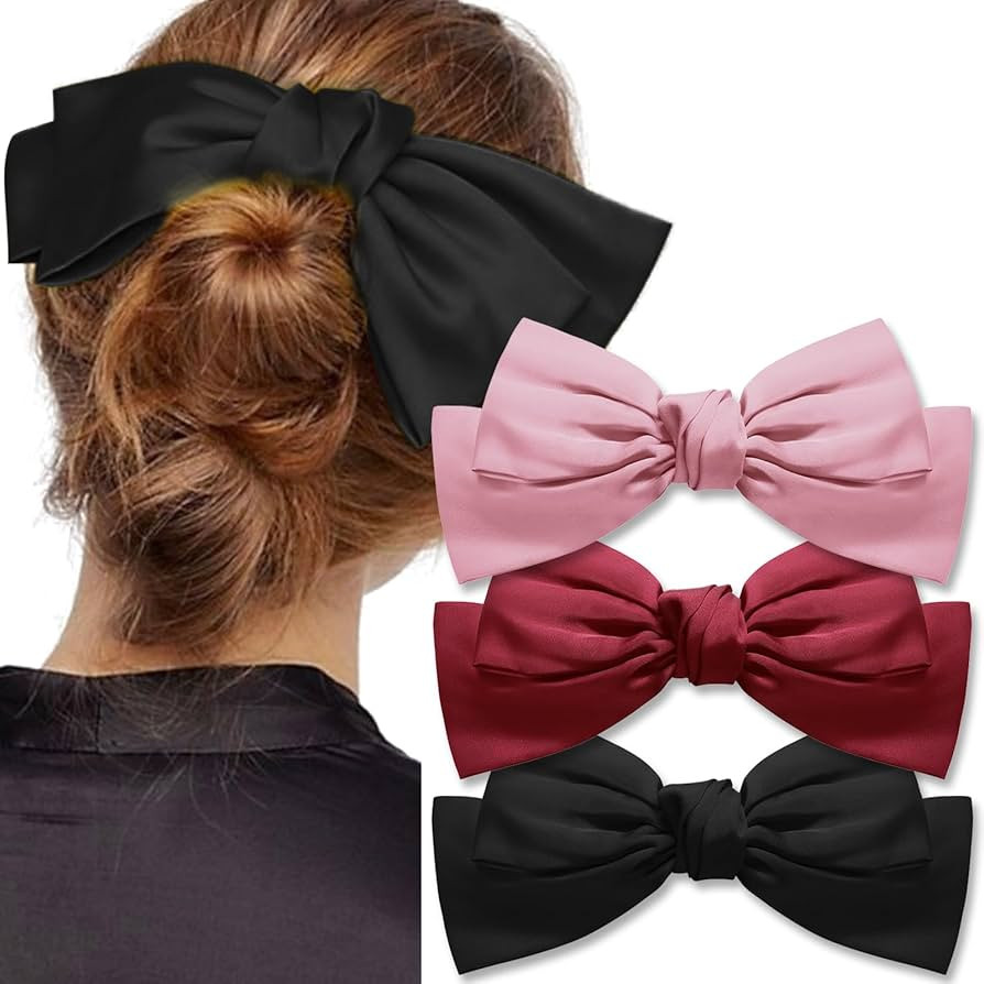 3PCS Satin Bow Hair Clips for Women Girls Barrette Hair Clip Large Black Ribbon Bows French Style... | Amazon (US)