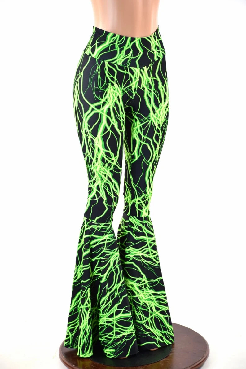 Neon Green Lightning Print UV Glow Bell Bottom Flares Leggings - Etsy | Etsy (US)