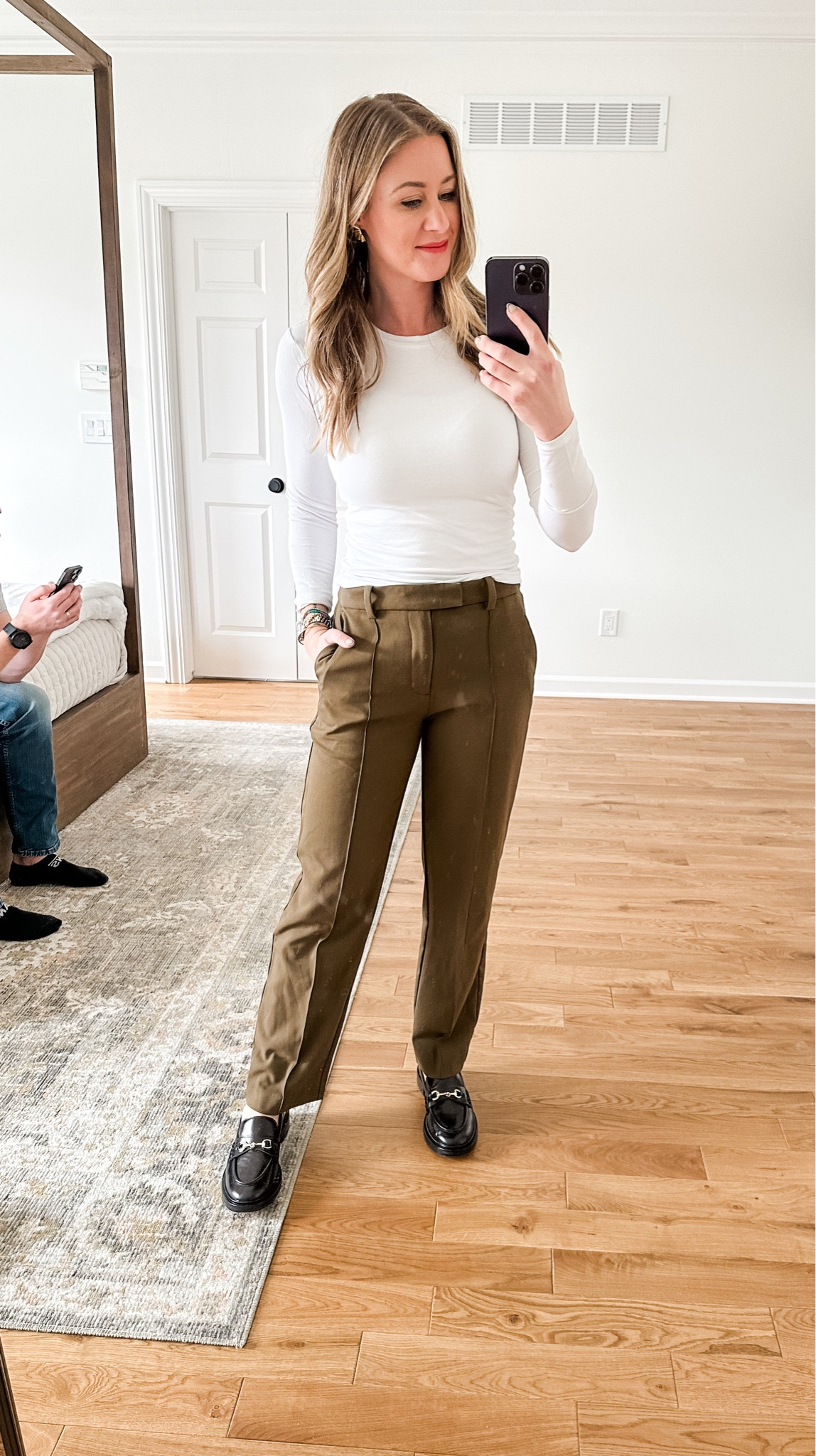 Trousers styled a little more casually with a fitted tee. Just scooped up more of my favorites basic tees this weekend in long and short sleeve! Great and inexpensive. Lots of stretch and fit is perfection! Certain colors come in a two pack for even more savings  

#LTKSeasonal #LTKfindsunder50 #LTKsalealert