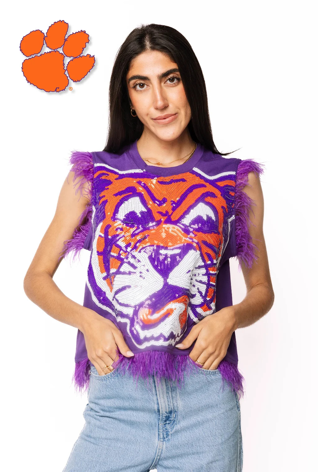 Licensed Sample Clemson Mascot Feather Trim Tank | Queen of Sparkles
