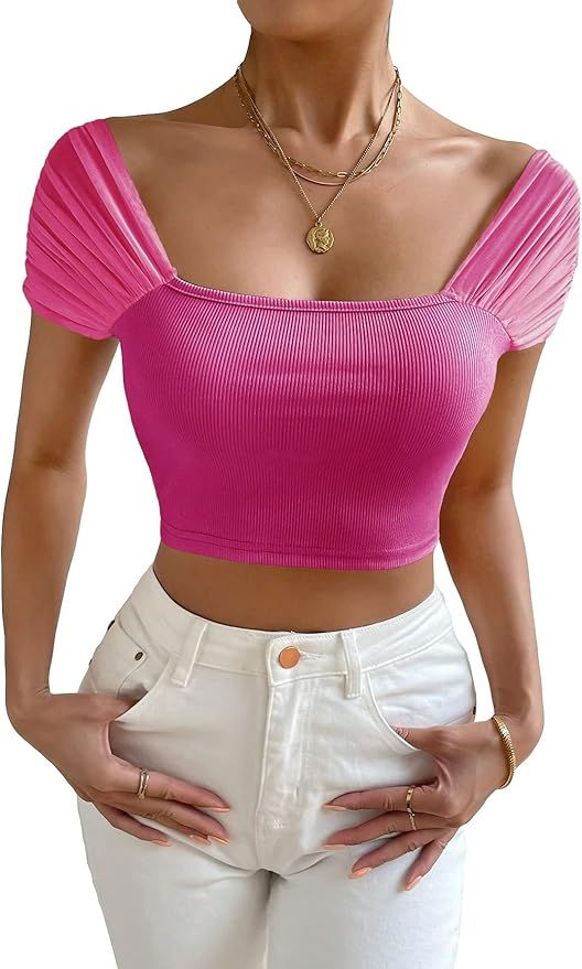 MakeMeChic Women's Off Shoulder Ruched Short Sleeve Crop Top Tee Shirts | Amazon (US)