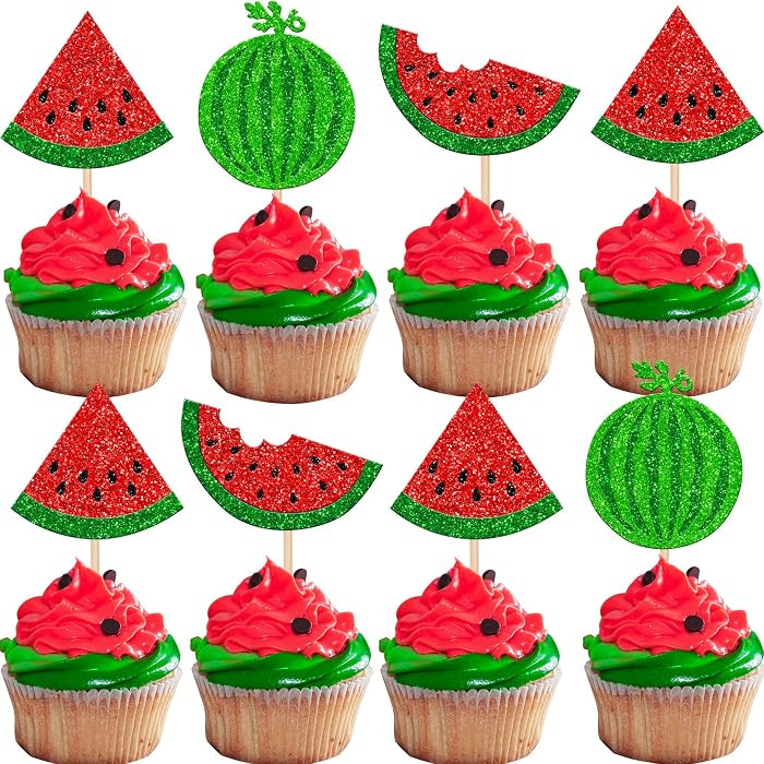 24 Pack Watermelon Cupcake Toppers Glitter Summer Tropical Fruit Cupcake Picks Watermelon Baby Sh... | Amazon (US)