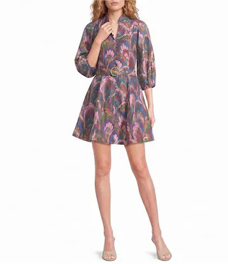 Mestiza New York Linen Organza Multi Colored Paisley Mandarin Collar 34 Sleeve Belted Mini Dress -  8 | Dillard's