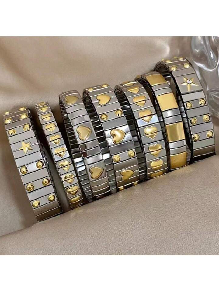 Wis 1pc Vintage Elegant Stainless Steel Heart & Pentagram Design Elastic Bangle Bracelet, Handmade Jewelry Gift Valentines | SHEIN