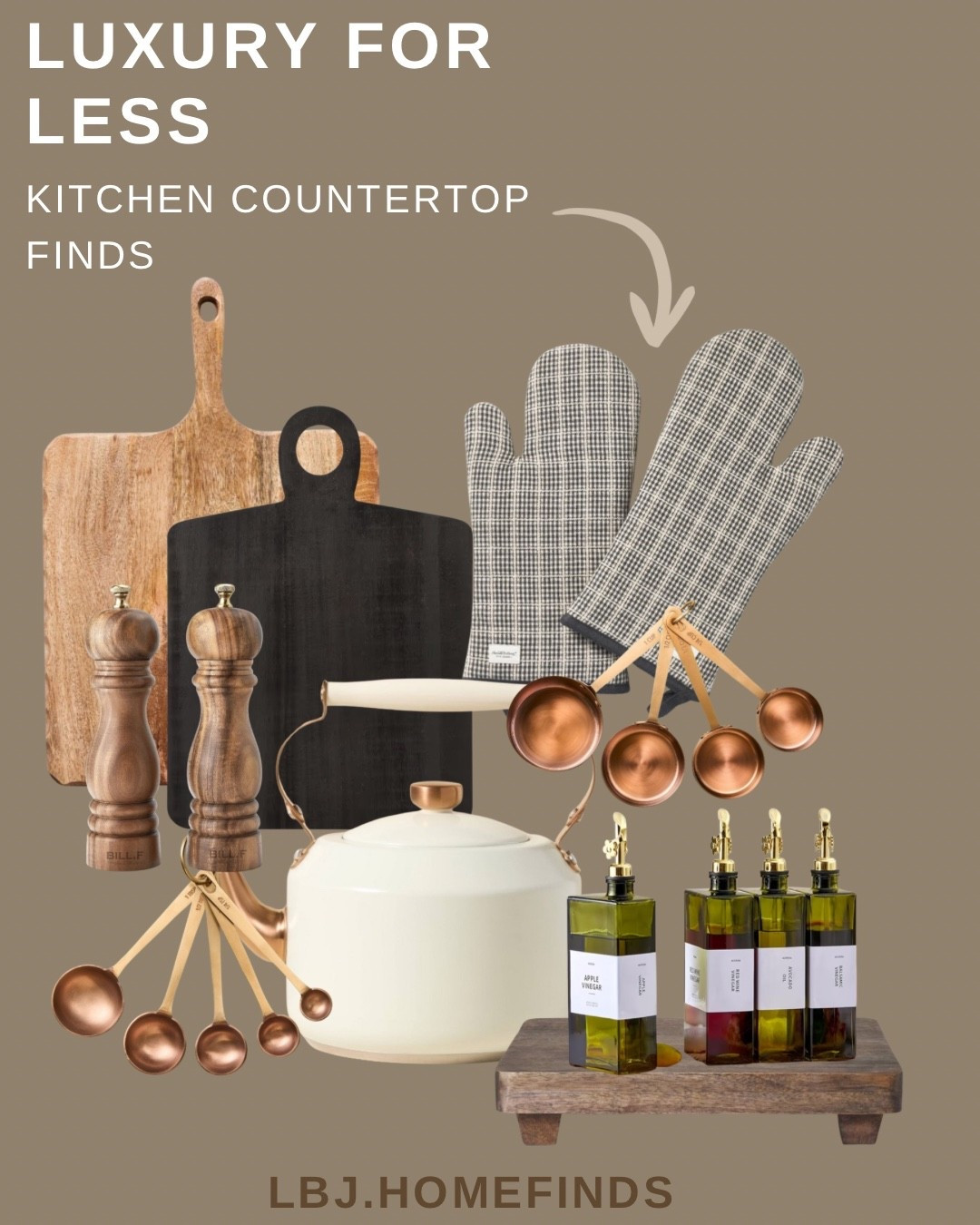 Elevate your kitchen without the designer price tag.

I spend hours searching for the best budget-friendly kitchen and home finds so you don’t have to. These countertop pieces give your kitchen that luxury, curated look for a fraction of the price.

Featured finds include:
• neutral cutting boards
• copper measuring cups
• wood salt & pepper grinders
• aesthetic oil bottles
• neutral oven mitts
• minimalist cookware

Perfect for creating a cozy, neutral, modern kitchen aesthetic.

#LTKdayinmylife #LTKSeasonal #LTKHome