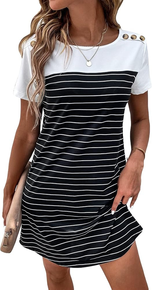SOLY HUX Women's Striped Short Sleeve Tshirt Dresses Colorblock Button Summer Dress | Amazon (US)