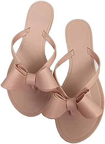 Amazon.com | Women Flip-Flops Bow Sandals Nude Size 9 Beach Dressy Summer Wedding Flat Rivets Rai... | Amazon (US)