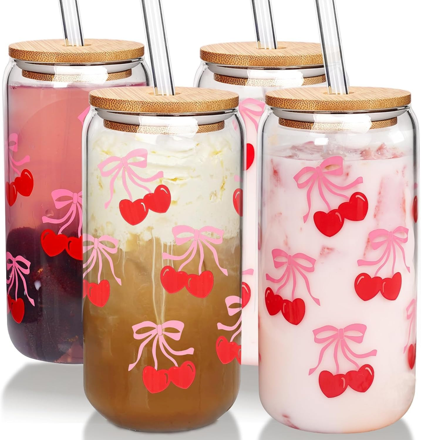 Cherries Bows Glass Cups with Lids and Straws, 18OZ Cherry Decor Iced Coffee Cups with Lids, Cute... | Amazon (US)