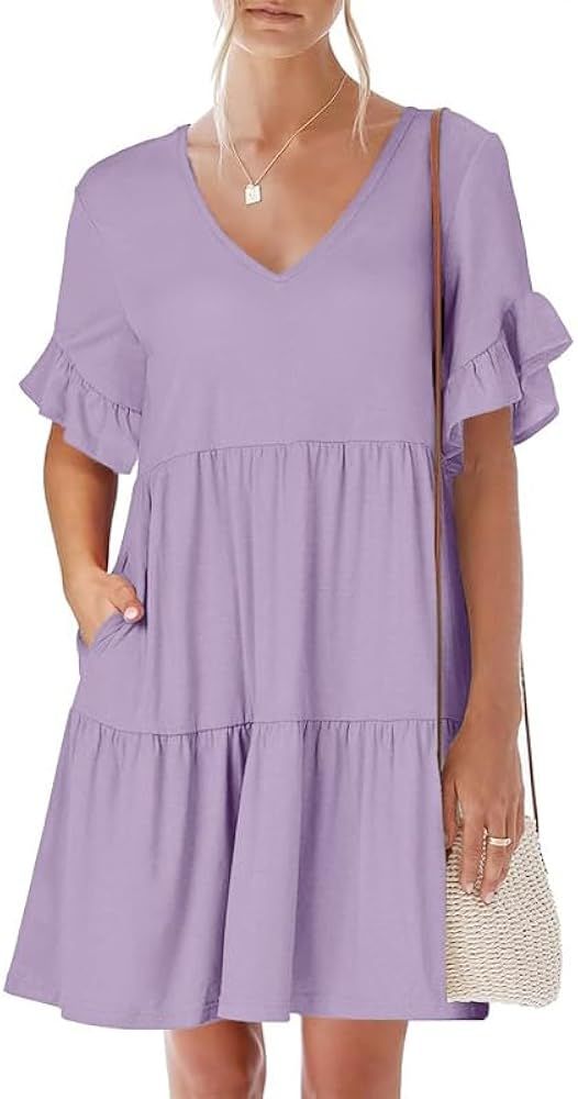 REDMORE Summer Dresses for Women 2024 Casual Babydoll V Neck Ruffle Short Sleeve A Line Dress Bea... | Amazon (US)
