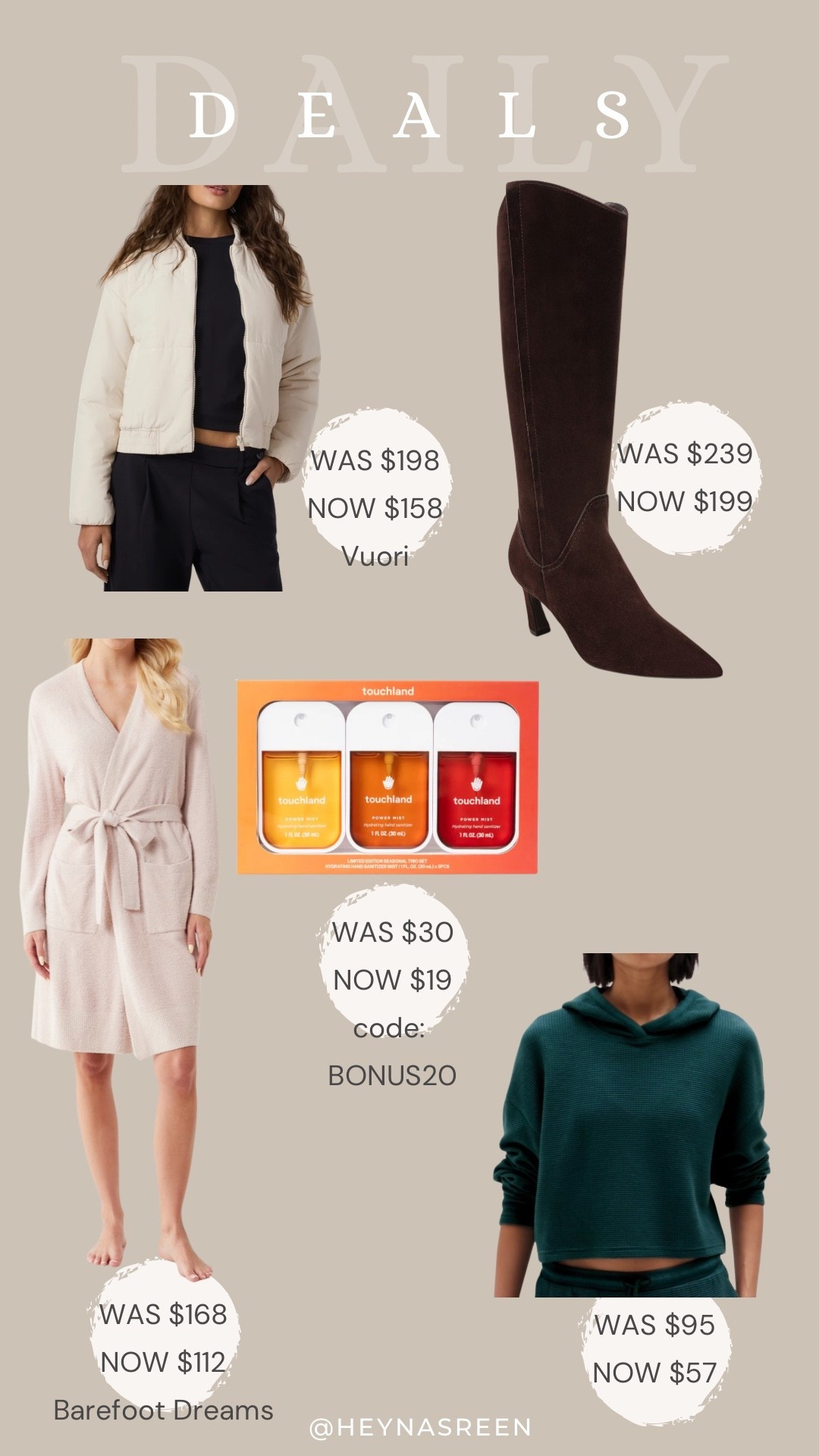 Daily deals on Vuori jacket, Naturalizer knee high boots, Touchland hand sanitizer trio, Barefoot Dreams cardigan, Athleta hoodie 