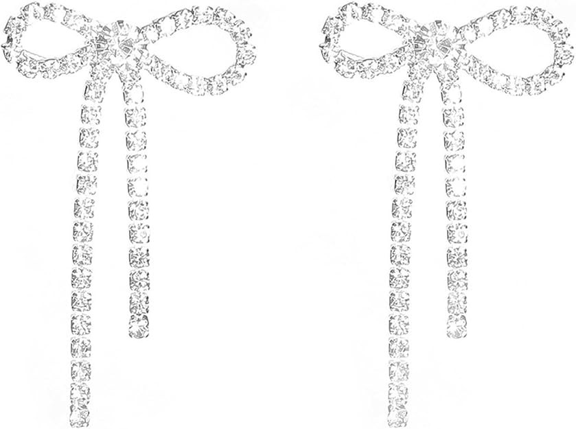 Bow Earrings for Women Rhinestone Long Tassel Earrings Ribbon Bow Drop Earring Silver Stainless S... | Amazon (US)