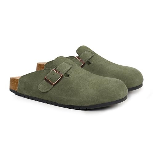EVELLYHOOTD Women's Men's Suede Clogs Leather Mules Cork Footbed Sandals Comfort Potato Shoes with Arch Support(with Socks),Forest Green | Amazon (US)