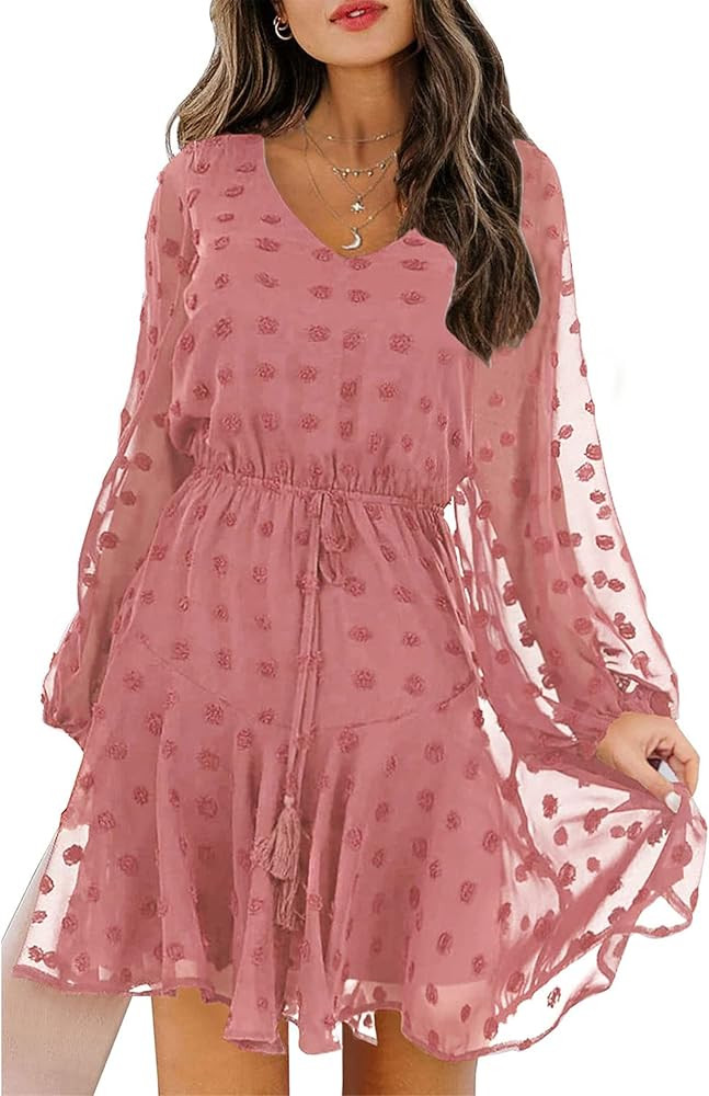 KIRUNDO Women's 2024 Spring Summer Long Sleeve V Neck Flowy Mini Dress Swiss Dot High Waist Chiff... | Amazon (US)