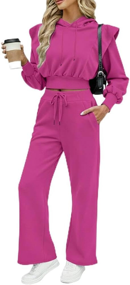 CHICME Womens 2 Piece Outfits Cropped Long Sleeve Hoodie and Wide Leg Sweatpants Set Fall Fashion... | Amazon (US)