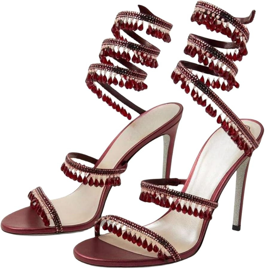 Rhinestone Wrap Around Strappy Stiletto High Heels for Women, Open Round Toe Lace Up Heeled Sanda... | Amazon (US)