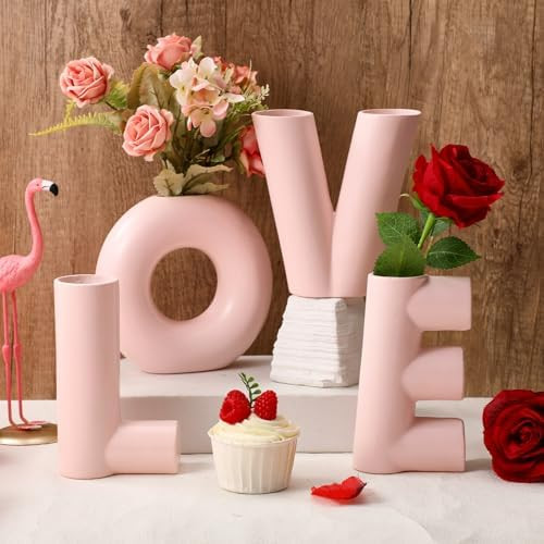 Acellegic 4 Pcs Valentines Love Vases Set Valentine's Day Decoration for Home Pink Love Shaped Re... | Amazon (US)