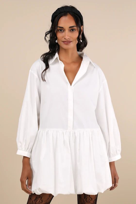 Delight White Collared Bubble Hem Mini Dress | White Shirt Dress | Shirtdress | Lulus