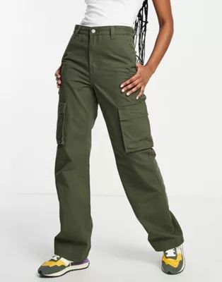 Dr Denim Echo sky high wide leg cargo pants in khaki | ASOS (Global)