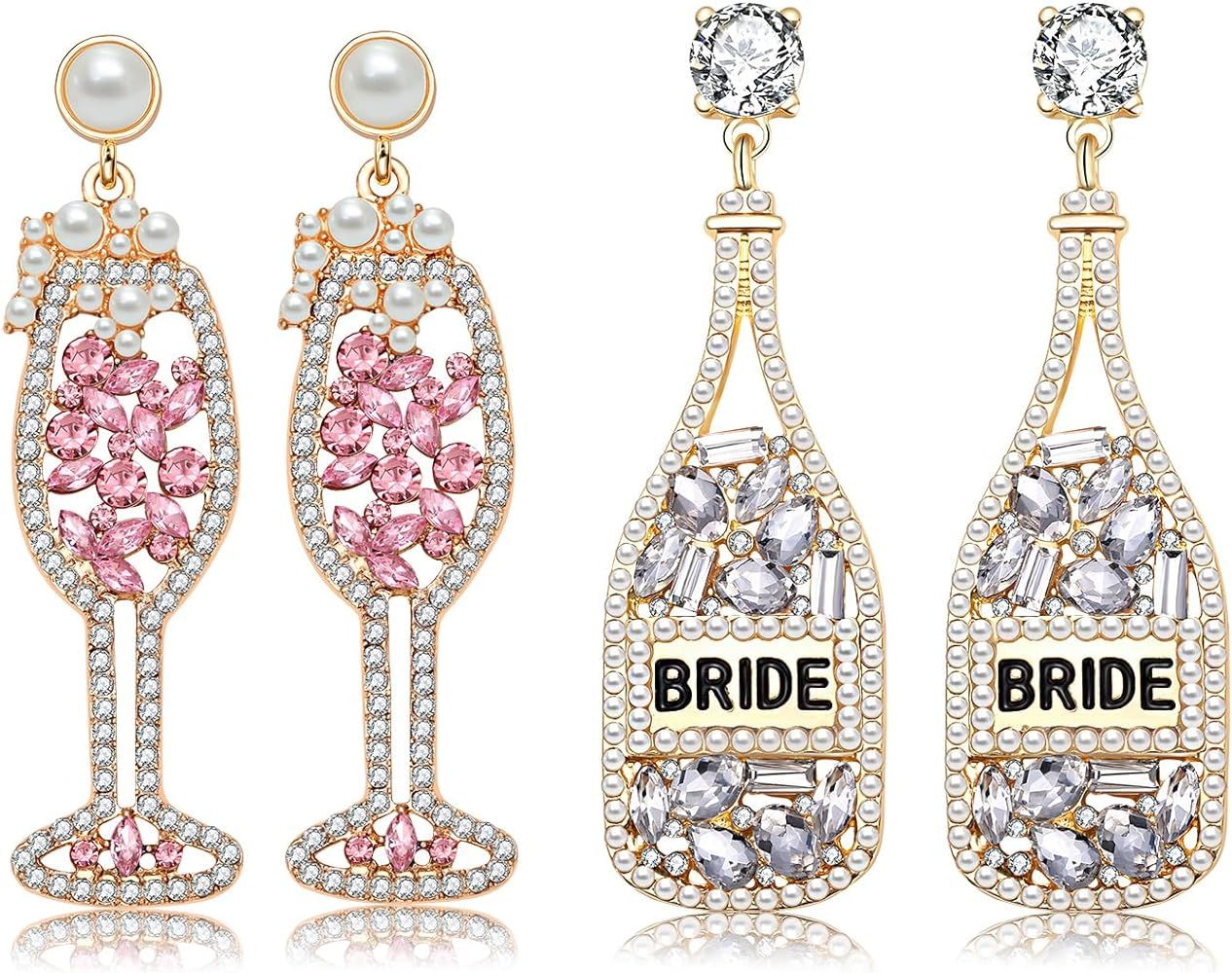 2 Pairs Rhinestone Champagne Bottle Earrings Crystal Wine Glass Dangle Earrings for Women Delicat... | Amazon (US)