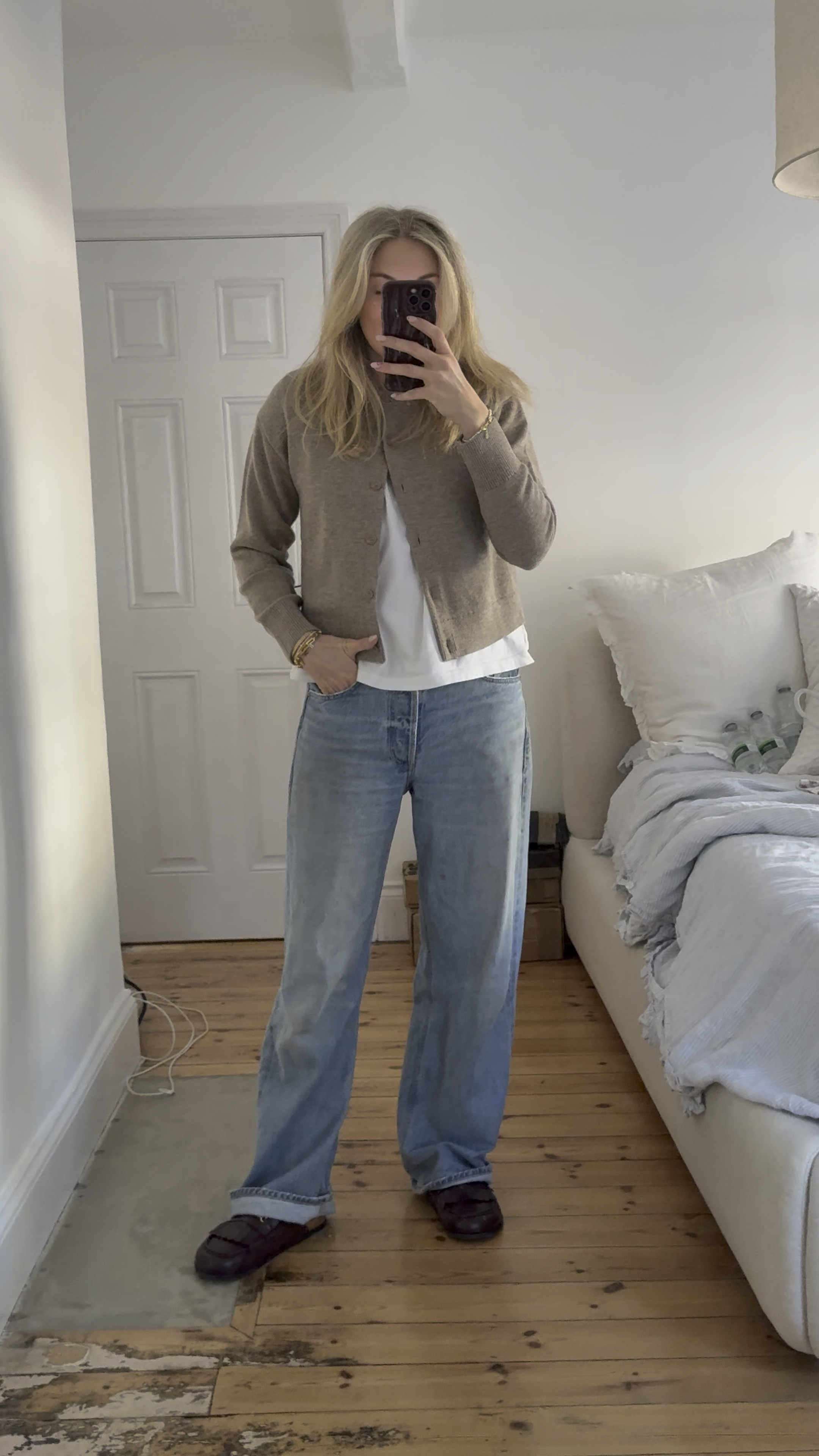 Easy spring outfit idea - ootd - & other stories beige cardigan, white t shirt, citizens of humanity jeans, wide leg jeans, Russel and Bromley clogs arket tote bag 

#LTKfamily #LTKstyletip #LTKeurope
