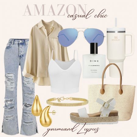 Amazon Casual Chic style, ripped jeans, button up top, cami crop top, platform sandals, Dime perfume, sunglasses, gold earrings, gold bracelets, straw summer tote, Stanley tumbler, YoumeandLupus 

#LTKSeasonal #LTKstyletip #LTKBacktoSchool