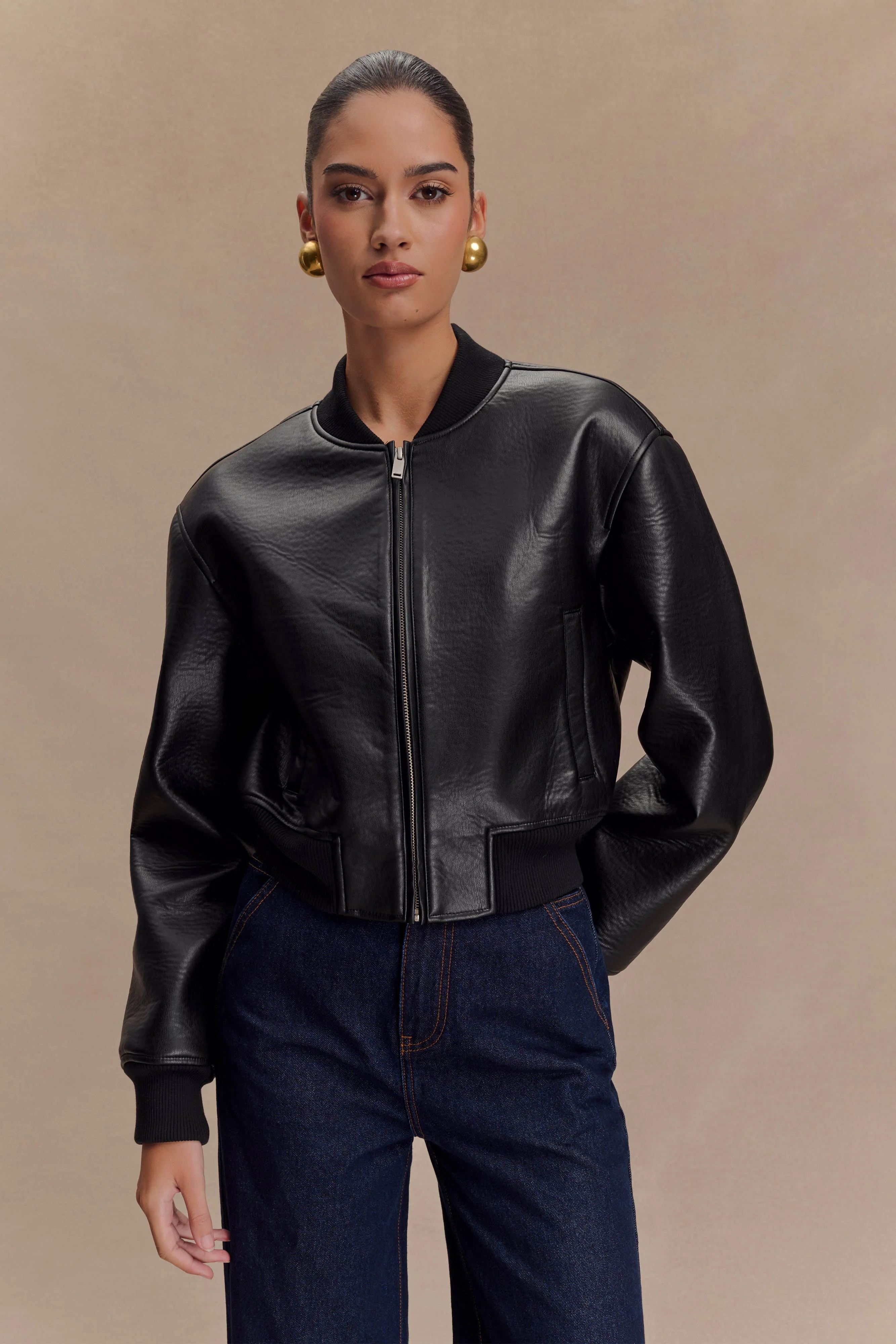 Faux Leather Bomber Jacket - Black | MESHKI US
