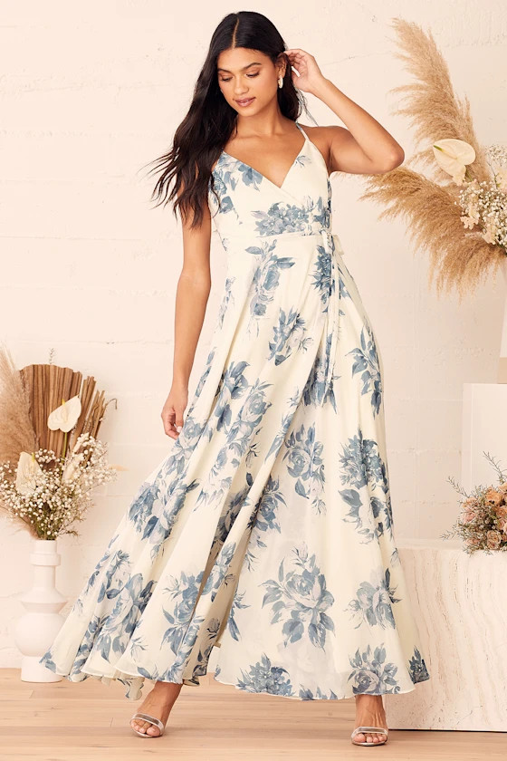 Elegantly Inclined Cream and Blue Floral Print Wrap Maxi Dress | Lulus (US)