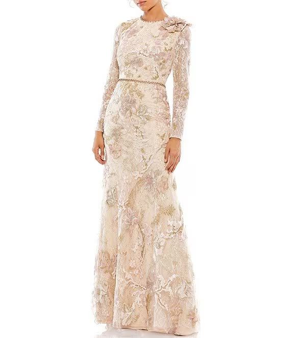 Floral Lace Embroidered Crew Neck Long Sleeve Gown | Dillard's