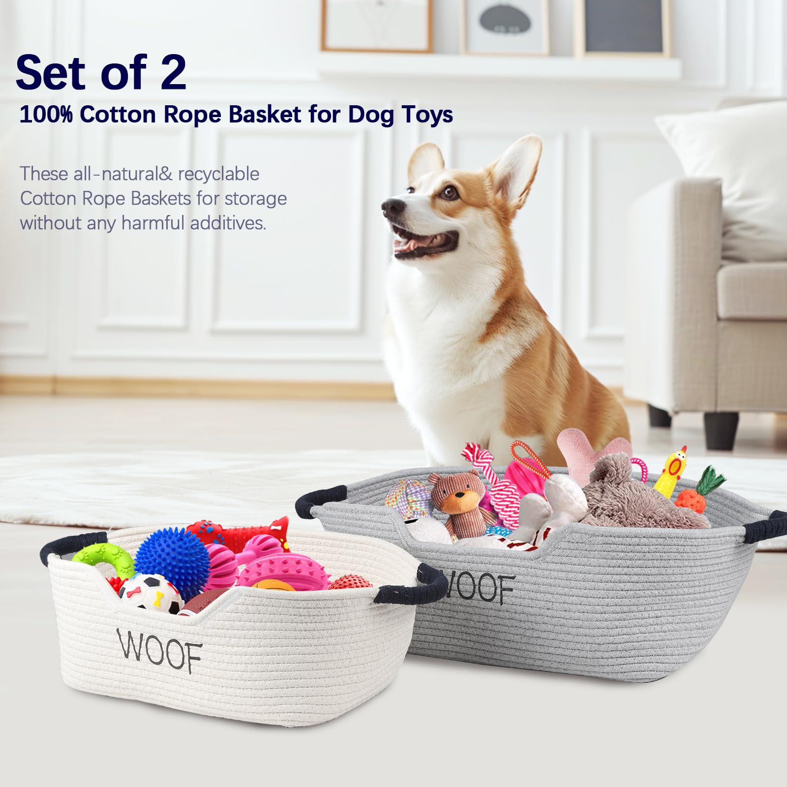 2 Pack Dog Toy Baskets,Pet Rope Basket for Dog Cat Toys,Dog Toy Bin with Handles,Woof Puppy Toy S... | Amazon (US)